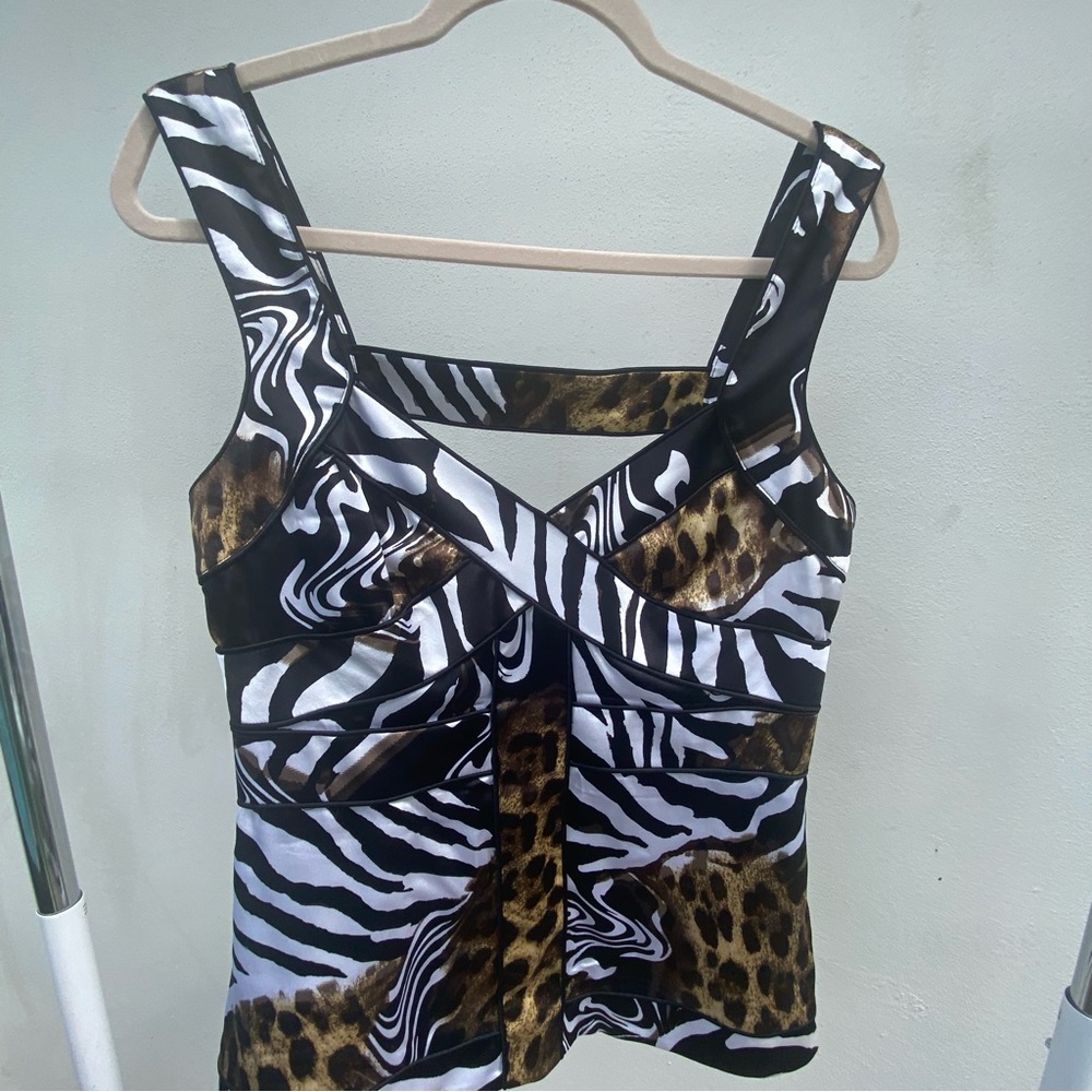 Y2K Caché Silk Multi Animal Print Cutout Top Size Medium